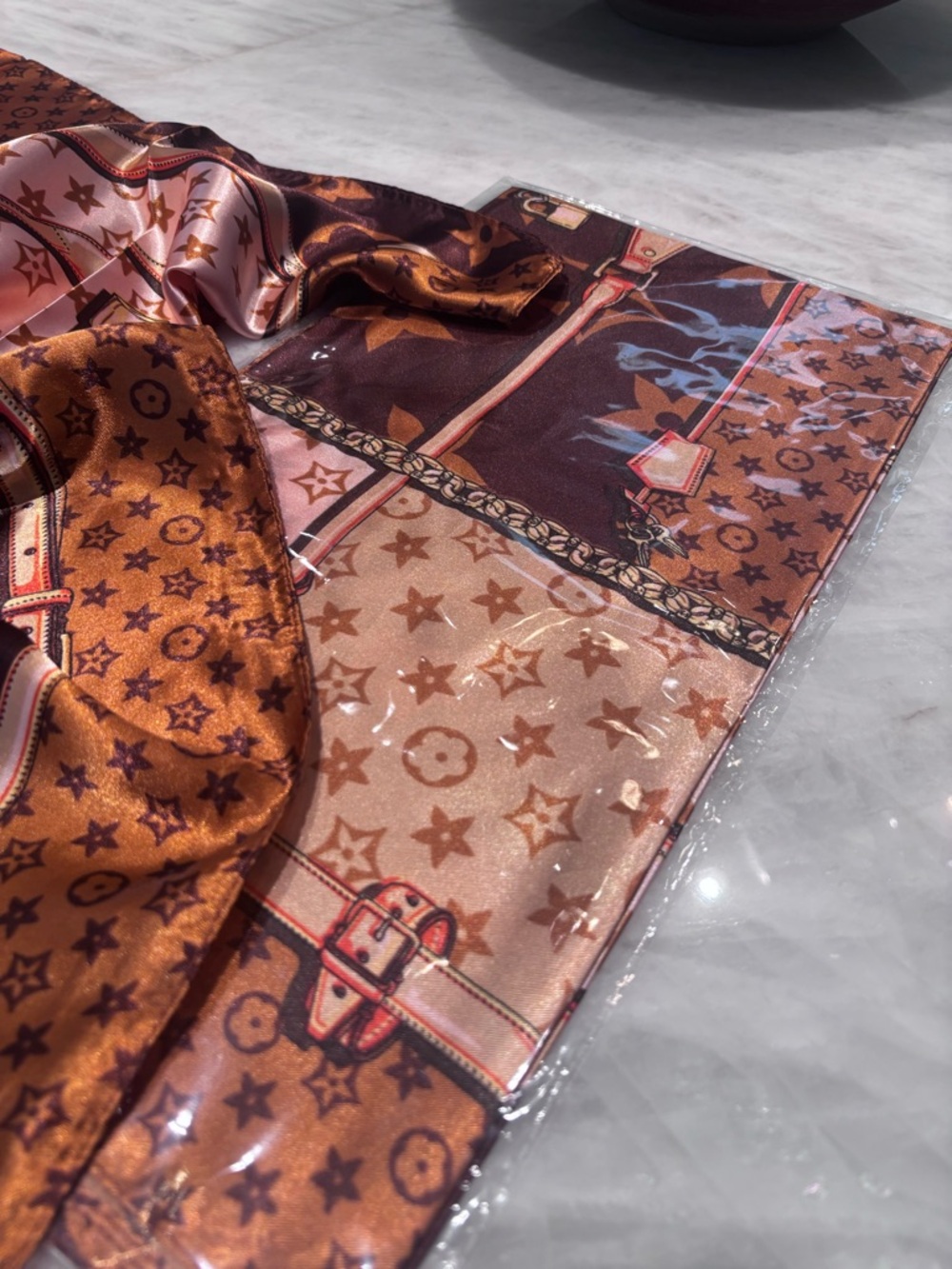 Luxury Brown Patterned Silk Headscarf - Picture 10 of 12